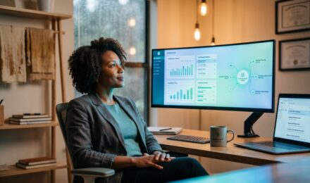 Small business owner reviewing agentic AI workflows running autonomously on a laptop dashboard