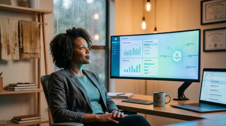 Small business owner reviewing agentic AI workflows running autonomously on a laptop dashboard