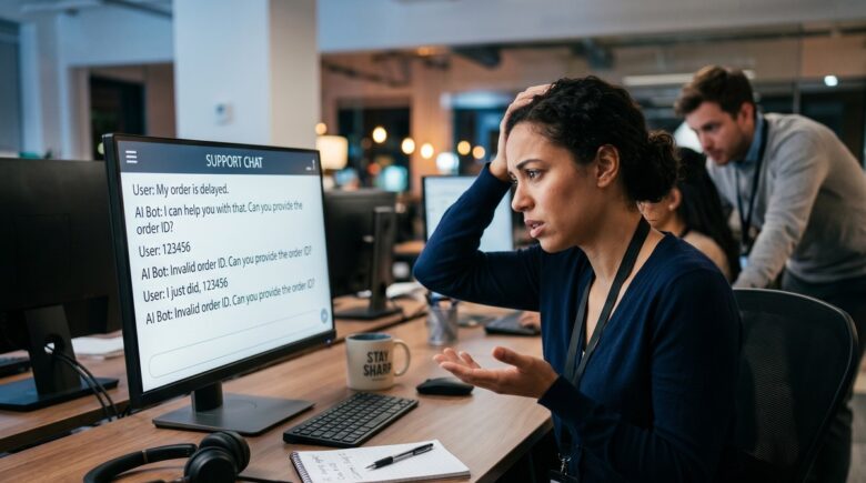 Team reviewing AI chatbot deployment mistakes on a customer support dashboard
