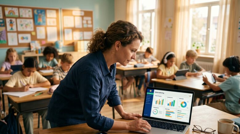 Educator using an AI curriculum builder on a laptop to personalize lesson plans for students