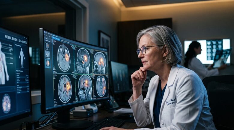 Oncologist analyzing AI diagnostic tools on a screen showing rare cancer scan results