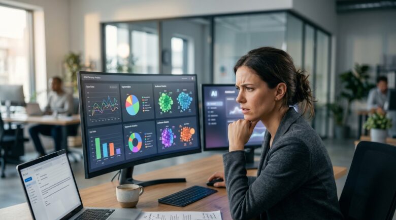 Marketer reviewing AI email personalization mistakes on a laptop dashboard
