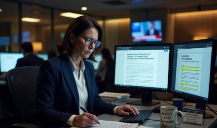 Journalist using AI fact-checking tools on a laptop to verify a breaking news story in real time