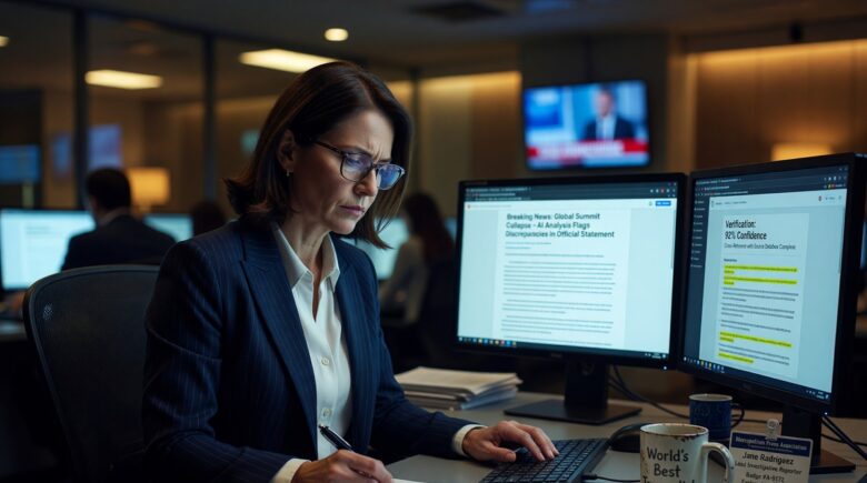 Journalist using AI fact-checking tools on a laptop to verify a breaking news story in real time