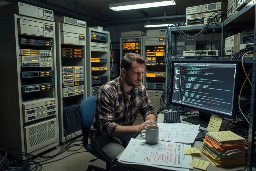 A journalist at a newsroom desk using an AI fact-checking dashboard on a dual monitor setup during a live political event