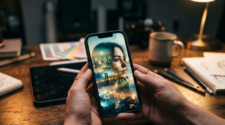 Double exposure photo blending effect created using a mobile app