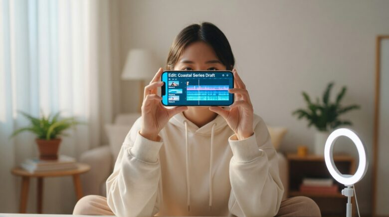 Person using a faceless YouTube video app on a smartphone to create and edit video content