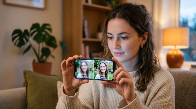 Smartphone screen showing a fix blurry photos app sharpening an out-of-focus image
