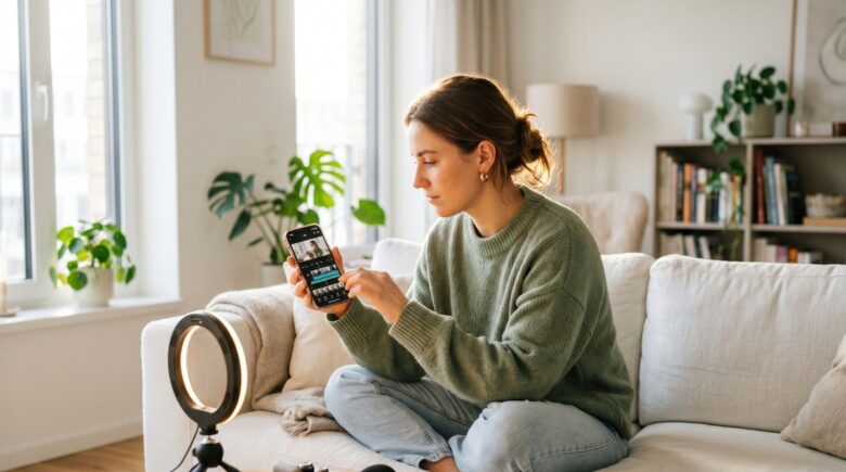 Person using a podcast video editing app on a smartphone to edit and publish an episode