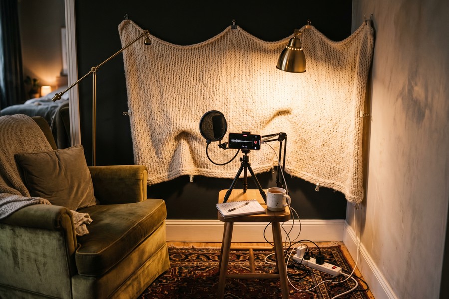 Smartphone mounted on tripod with lavalier microphone attached, home podcast recording setup
