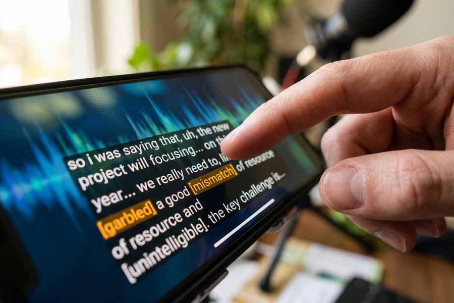 Mobile phone screen showing podcast video timeline with caption overlays and logo branding layer