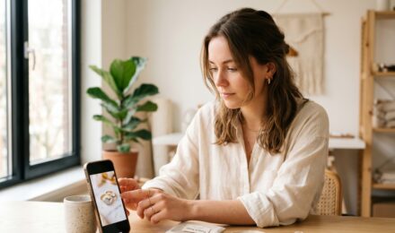 Person editing product photos on a smartphone using a product photo editing app for Etsy and Shopify