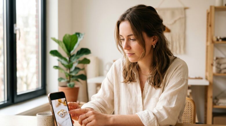Person editing product photos on a smartphone using a product photo editing app for Etsy and Shopify