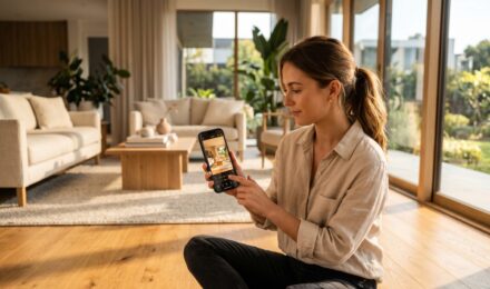 Real estate photo editing apps displayed on a smartphone screen showing a bright property interior