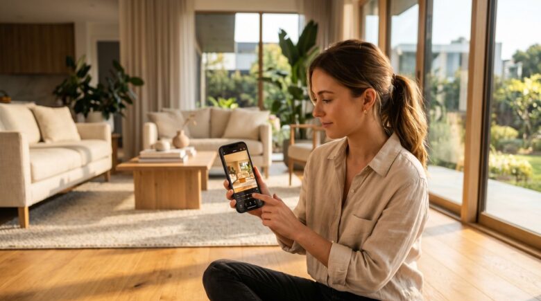 Real estate photo editing apps displayed on a smartphone screen showing a bright property interior