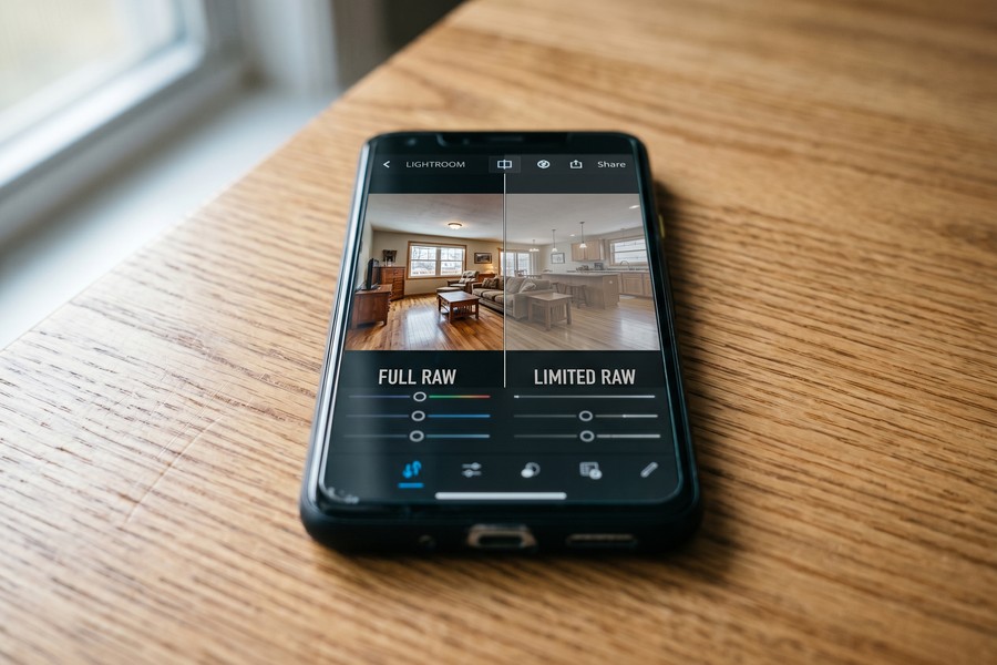 Side-by-side comparison of a real estate interior photo before and after mobile editing with Snapseed