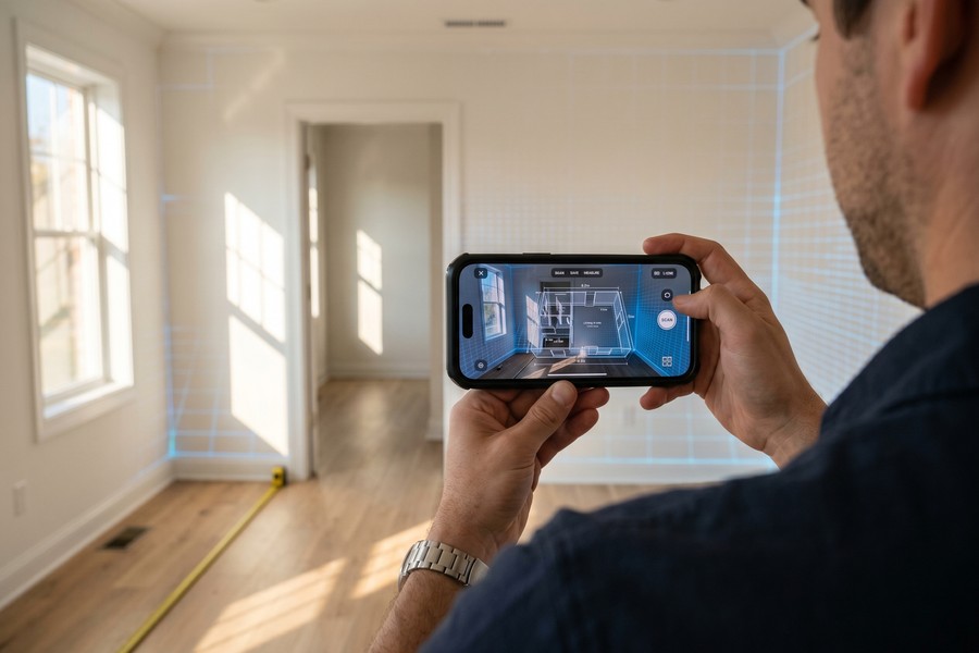 Mobile phone screen showing AI virtual staging transformation of an empty living room
