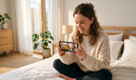 Person using a split screen video app on a mobile phone to create a side-by-side social media video