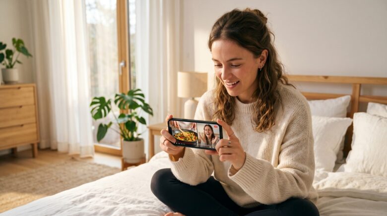 Person using a split screen video app on a mobile phone to create a side-by-side social media video