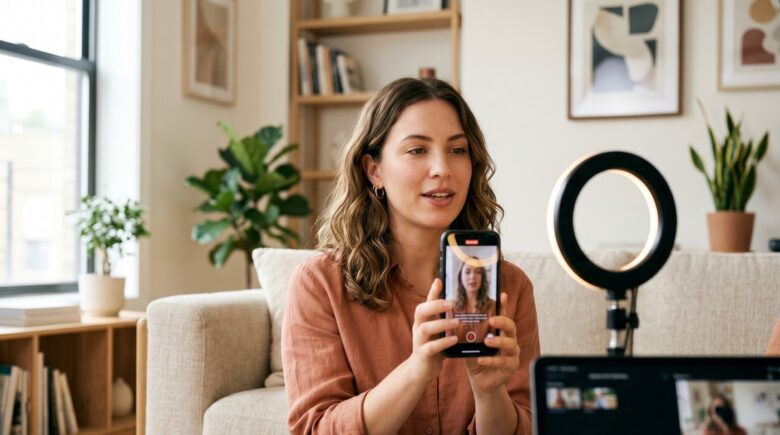 Person recording a talking head video on a smartphone with auto-captions and b-roll editing interface visible