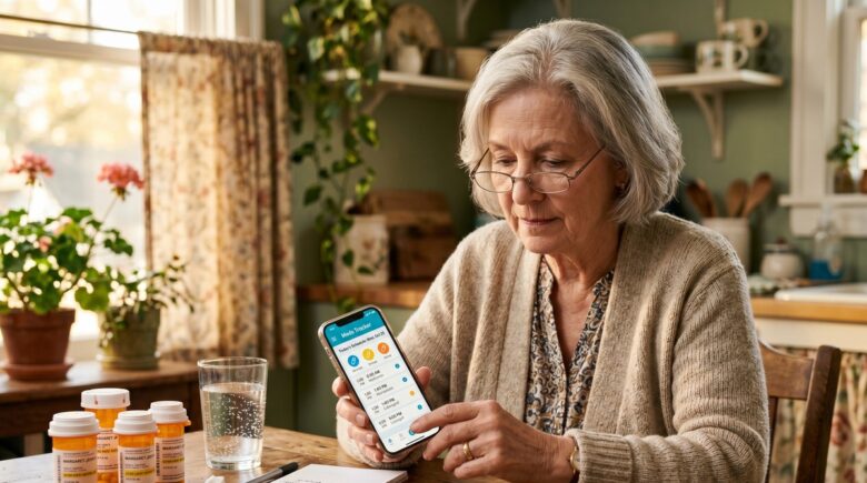 Caregiver using phone medication reminder app to manage multiple prescriptions on a smartphone