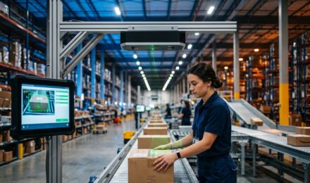 Logistics worker using computer vision technology to scan and verify packages on a warehouse conveyor belt