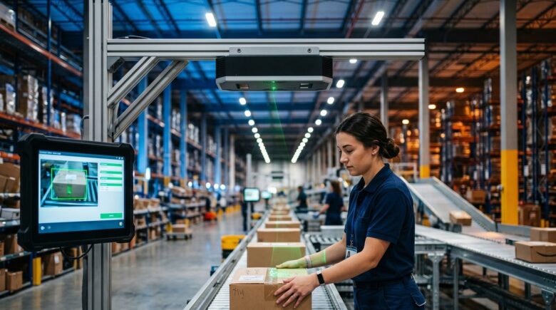 Logistics worker using computer vision technology to scan and verify packages on a warehouse conveyor belt