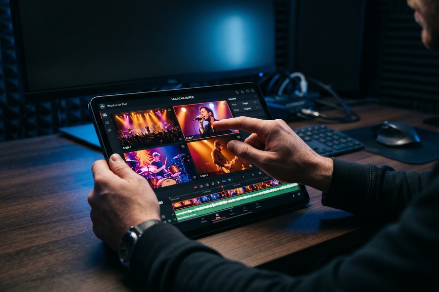 Side-by-side comparison of DaVinci Resolve and LumaFusion timeline interfaces on iPad Pro