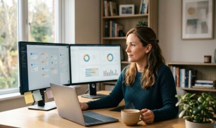 Small business owner using digital automation tools on a laptop to streamline operations