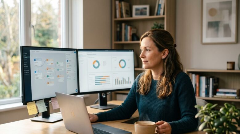 Small business owner using digital automation tools on a laptop to streamline operations
