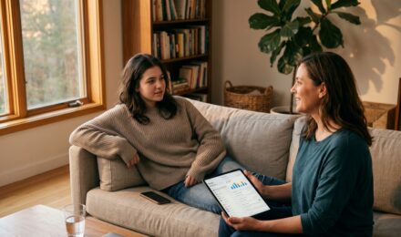 Parent and teenager calmly discussing digital boundaries and screen time rules at home
