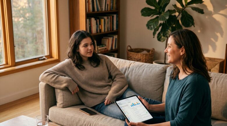 Parent and teenager calmly discussing digital boundaries and screen time rules at home