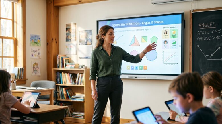 Teacher using digital classroom tools on a laptop in a modern school setting