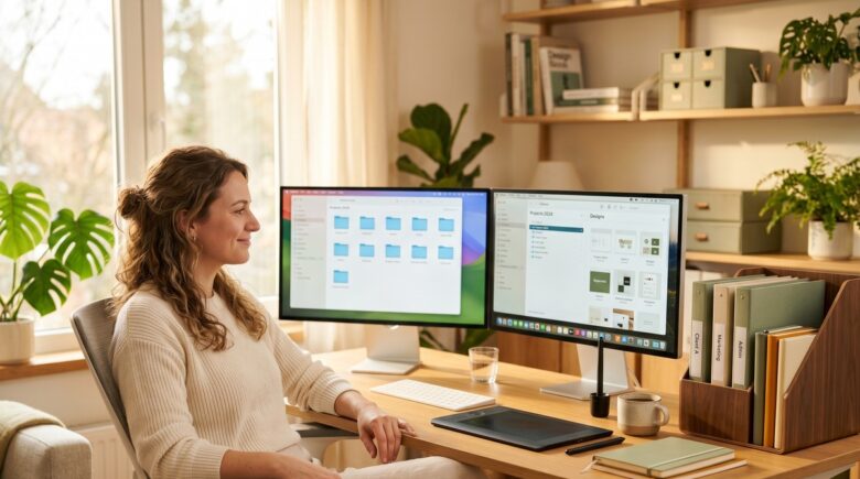 Freelance designer organizing digital files on a laptop with a clean folder structure on screen