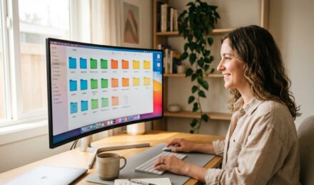 Freelancer organizing a smart digital file system on laptop to save time
