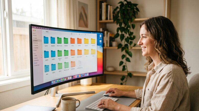 Freelancer organizing a smart digital file system on laptop to save time