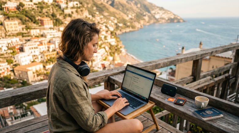 Digital nomad working on laptop at a cafe with travel gear showing their online setup