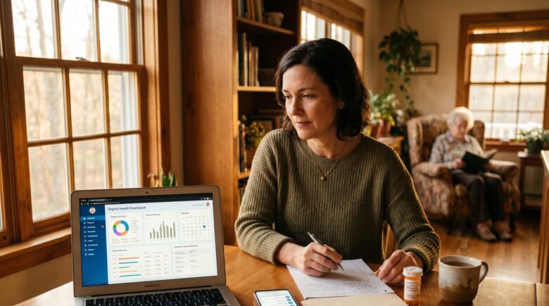 Caregiver using digital organization tools on a tablet to manage a loved one's health records and paperwork