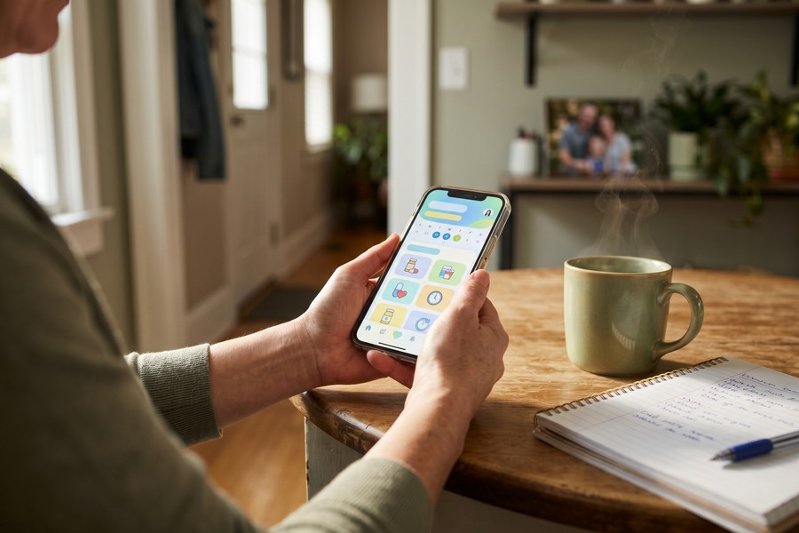 A caregiver reviewing digital health records on a tablet beside an elderly parent
