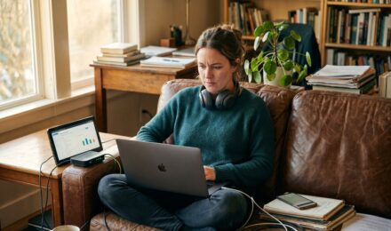Gig worker using digital tools on laptop and smartphone at a home workspace