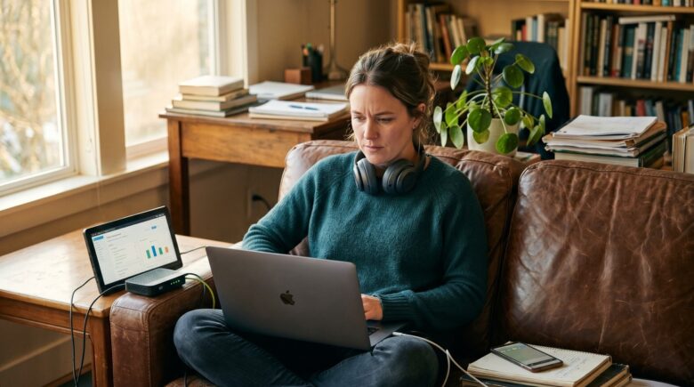 Gig worker using digital tools on laptop and smartphone at a home workspace