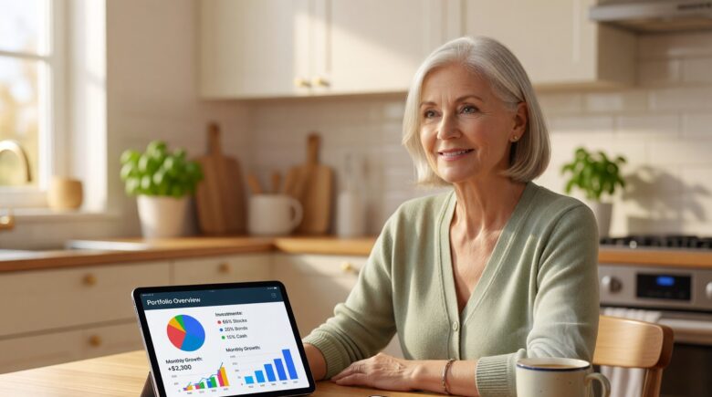 A smiling retiree using a tablet to manage finances and daily routines with digital tools