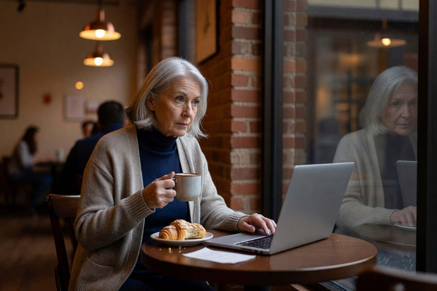 Retiree sitting at a desk using a laptop for online banking, looking confident