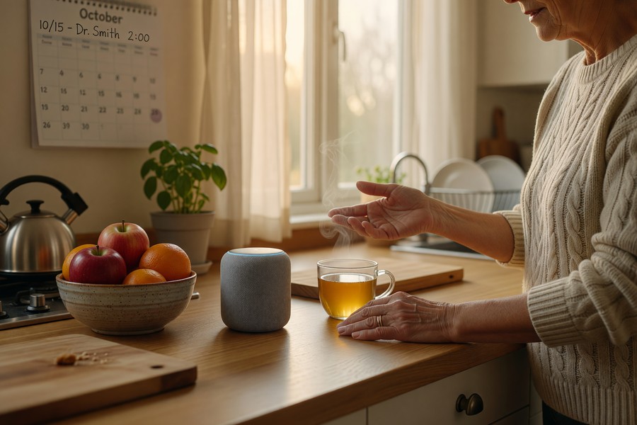 Close-up of an Amazon Echo smart speaker on a kitchen counter in a senior's home