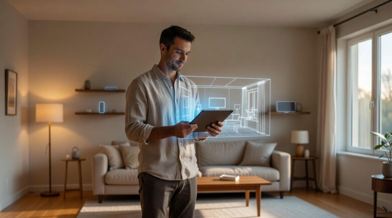 Homeowner using a digital twin interface to manage and monitor their smart home systems on a tablet