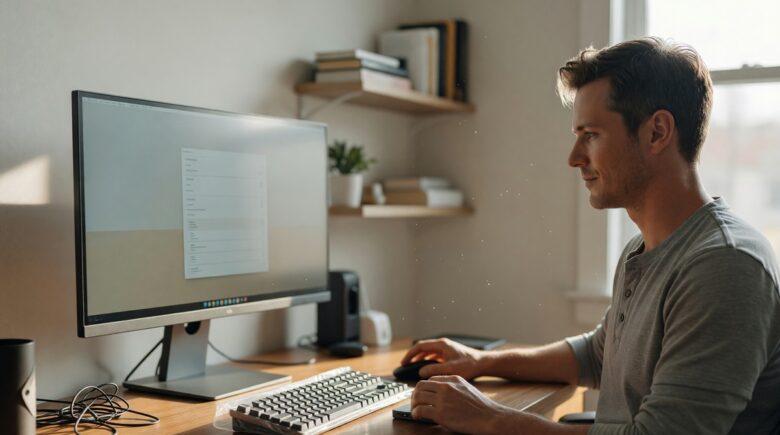 Remote worker rebuilding a digital workspace on a laptop at a modern home office desk