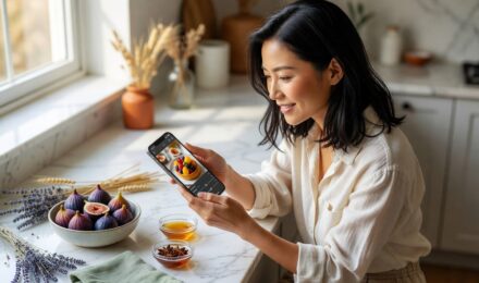 Food blogger editing a flat lay photo on a mobile app with ingredients arranged on a marble surface