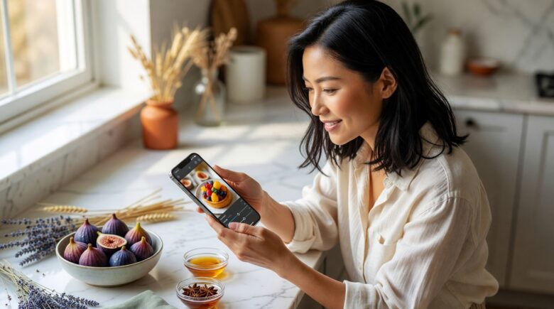 Food blogger editing a flat lay photo on a mobile app with ingredients arranged on a marble surface