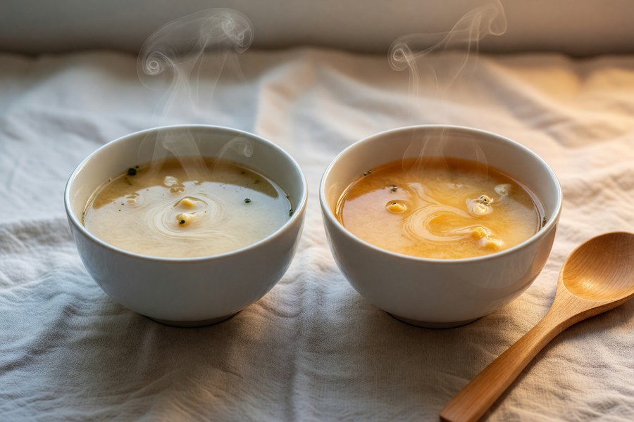 Side-by-side comparison of flat lay before and after mobile white balance correction