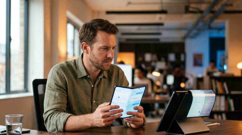 Side-by-side comparison of a foldable phone and a rollable screen device on a modern desk